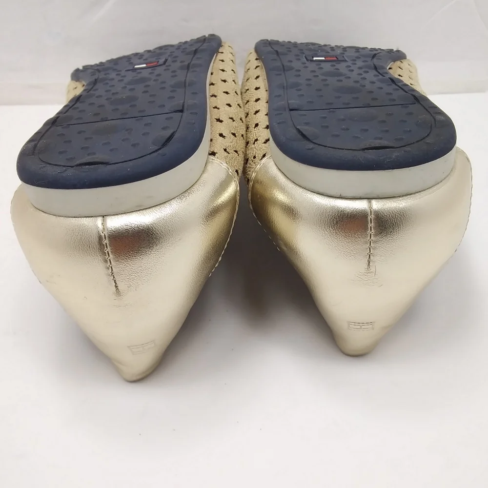 TOMMY HILFIGER Girl's Perforated Gold Stars Faux Leather Navy Ballet Flats EUC